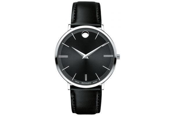 Men's Movado Ultra Slim Swiss Quartz Black Dial Stainless Steel Leather Watch 40mm - 0607086