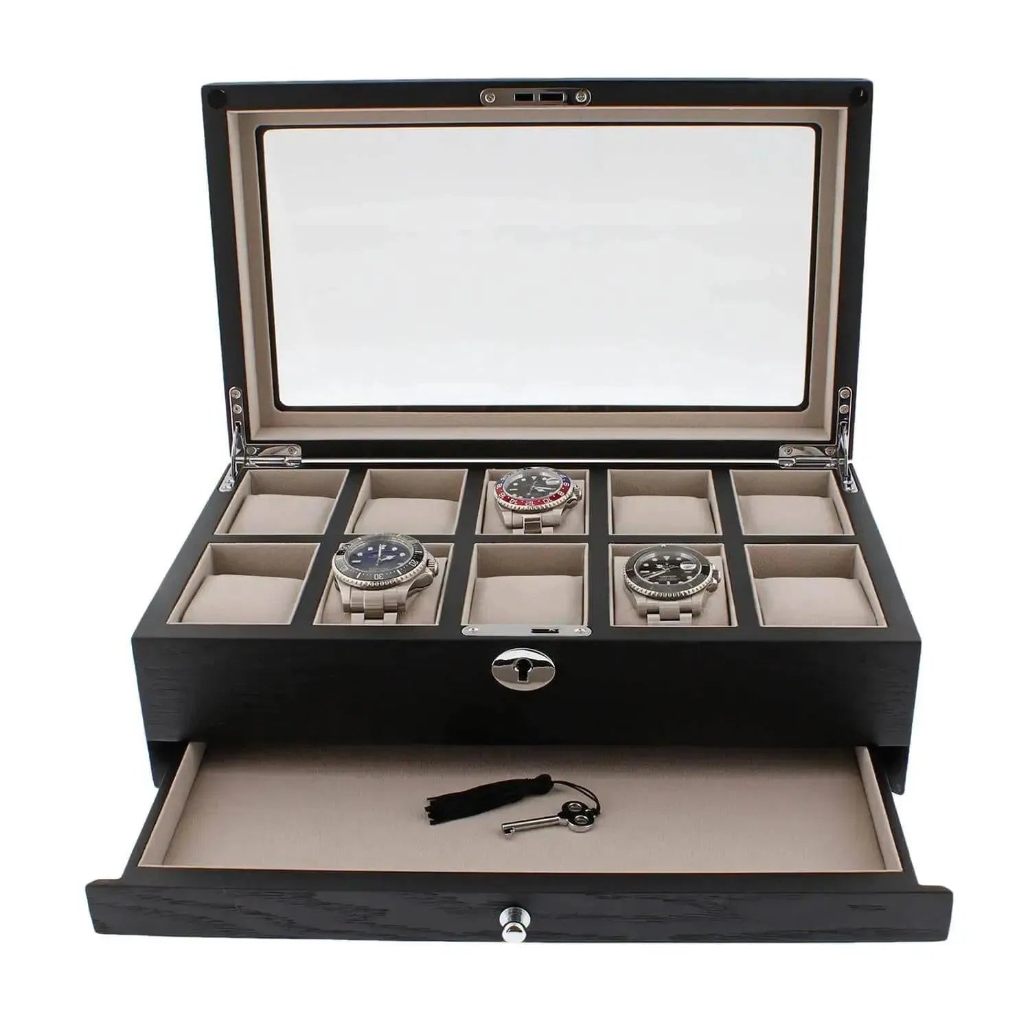 10 Watch Box Black Oak Veneer with Extra Storage Drawer Premium Quality