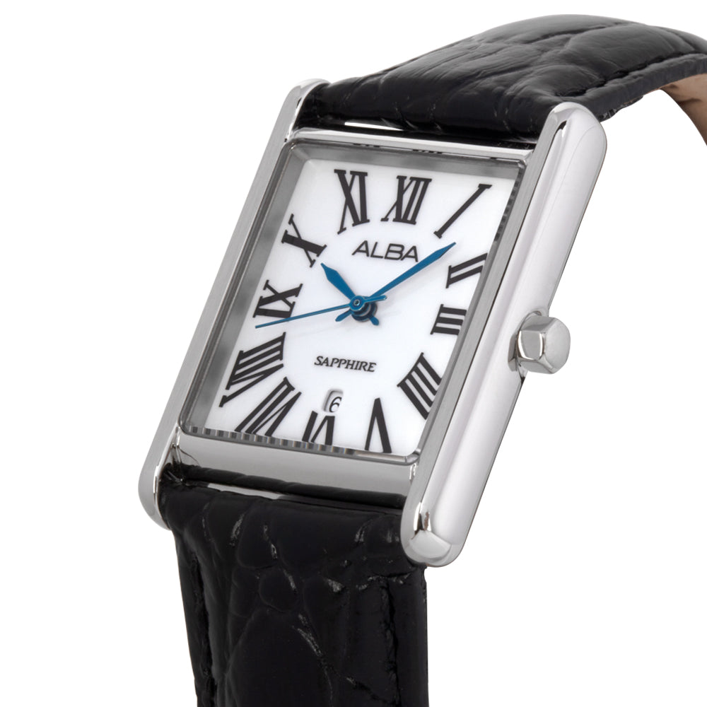 Alba Rectangular White Dial Leather Watch - AH7ET5X1