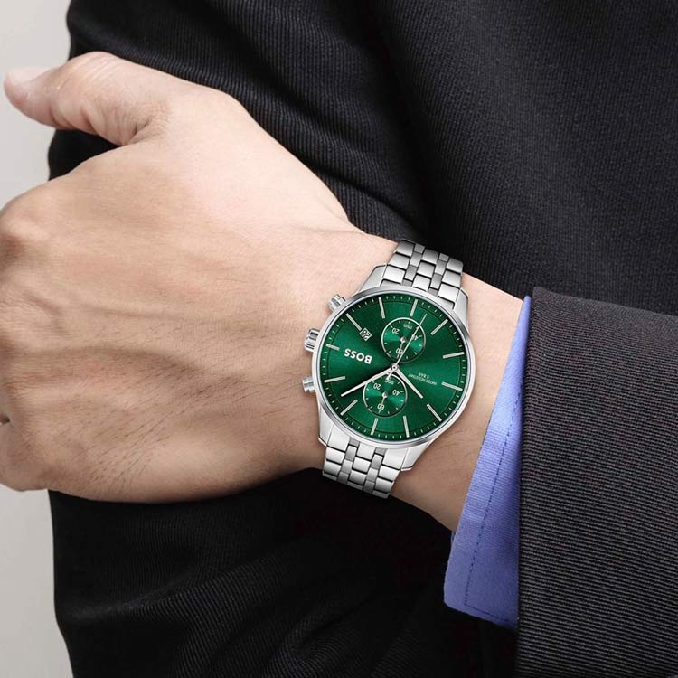 Men's Hugo Boss Associate Quartz Chronograph Green Dial Stainless Steel Watch 42mm - 1513975