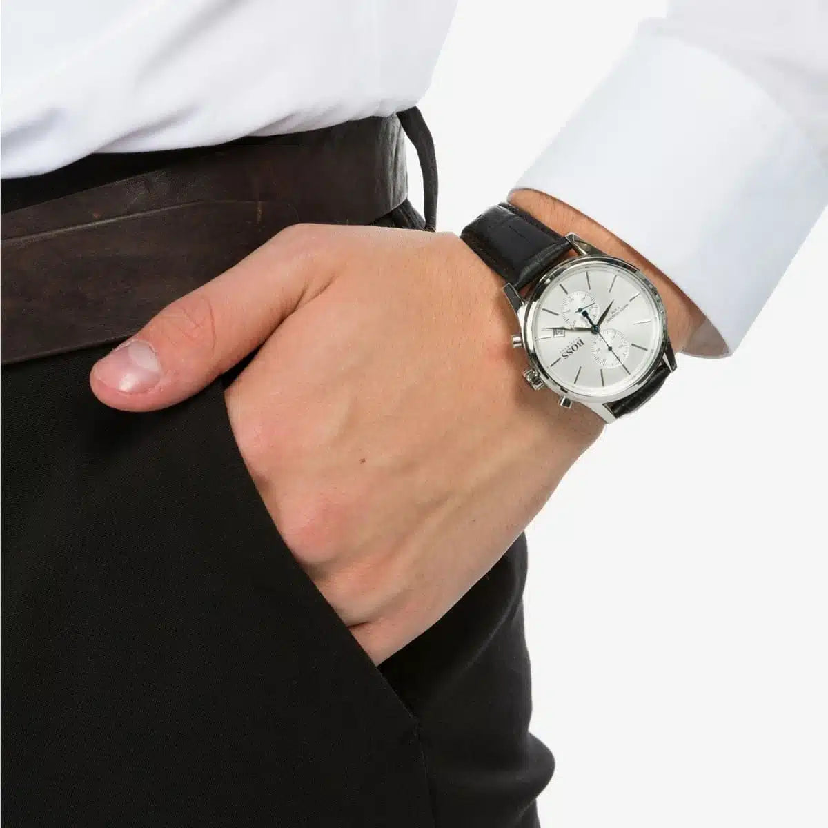 Men's Hugo Boss Jet Chronograph Silver Dial Stainless Steel Leather Watch 41mm - 1513282