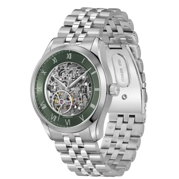 Men's Hugo Boss Principle Skeleton Automatic Green Dial Watch -1514236