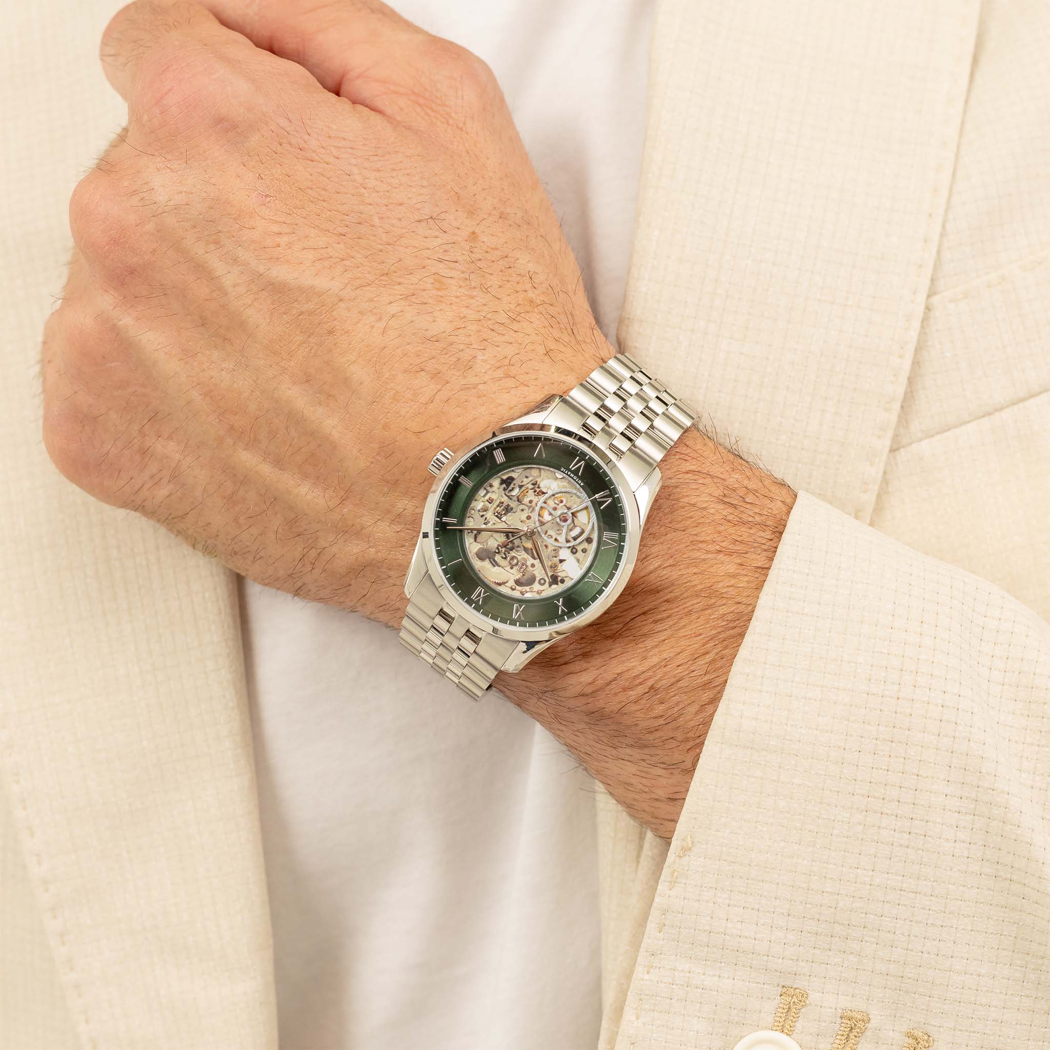 Men's Hugo Boss Principle Skeleton Automatic Green Dial Watch -1514236