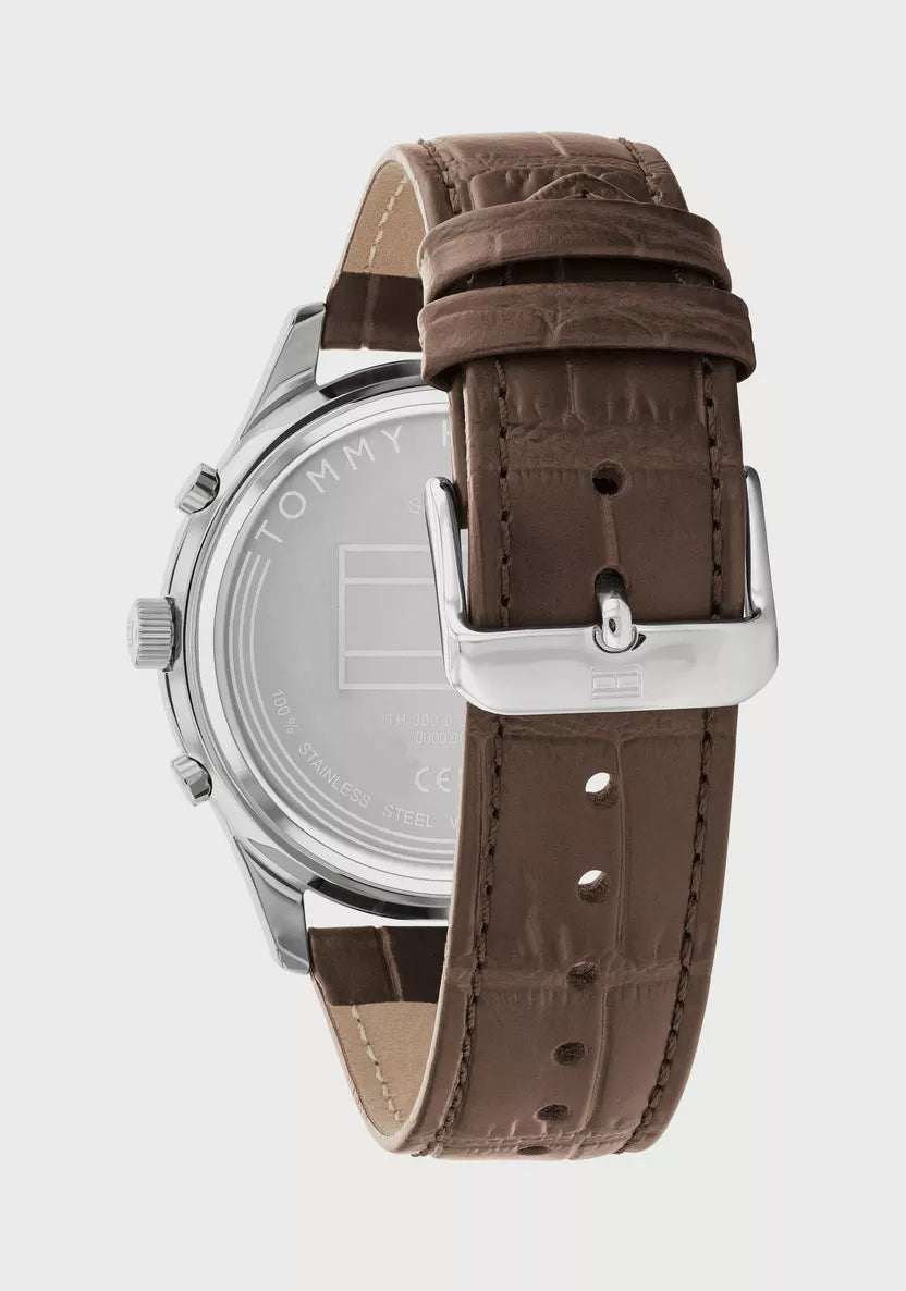Tommy Hilfiger Brown Leather Silver White Dial Multi-function Men's Watch - 1710501