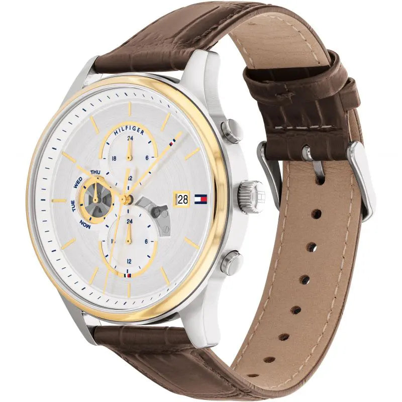 Tommy Hilfiger Brown Leather Silver White Dial Multi-function Men's Watch - 1710501