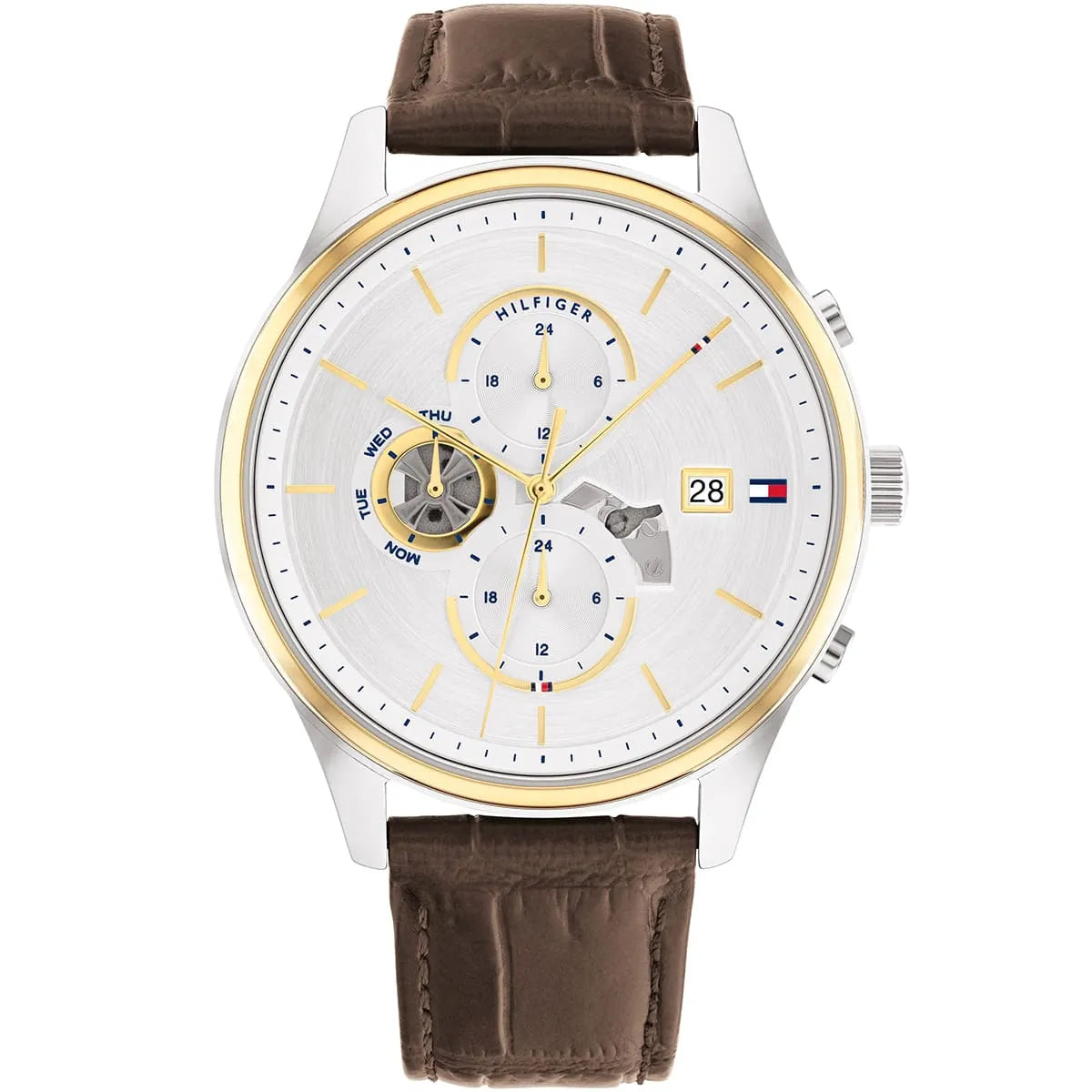Tommy Hilfiger Brown Leather Silver White Dial Multi-function Men's Watch - 1710501
