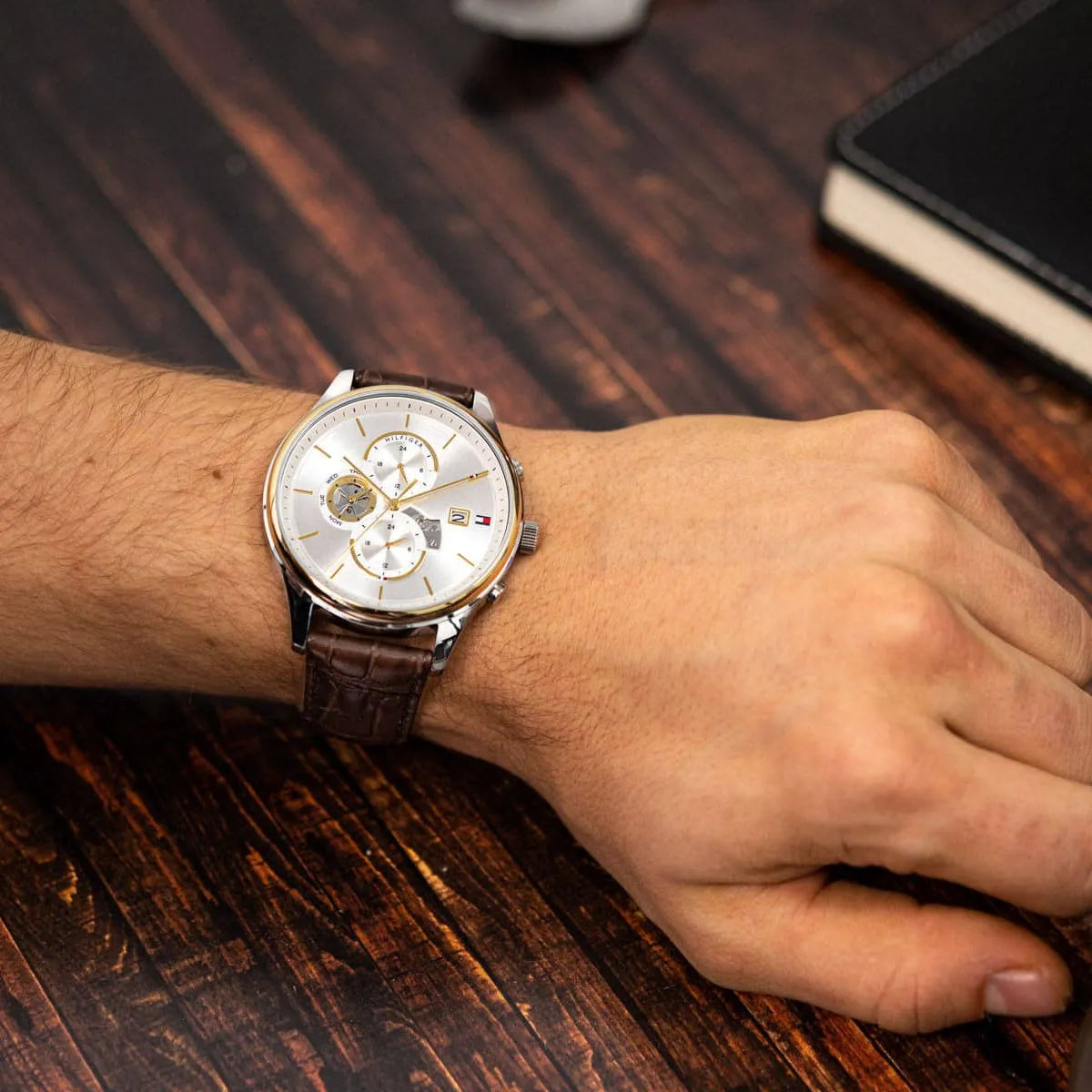 Tommy Hilfiger Brown Leather Silver White Dial Multi-function Men's Watch - 1710501