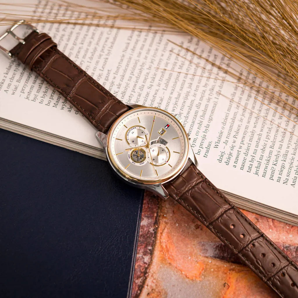 Tommy Hilfiger Brown Leather Silver White Dial Multi-function Men's Watch - 1710501