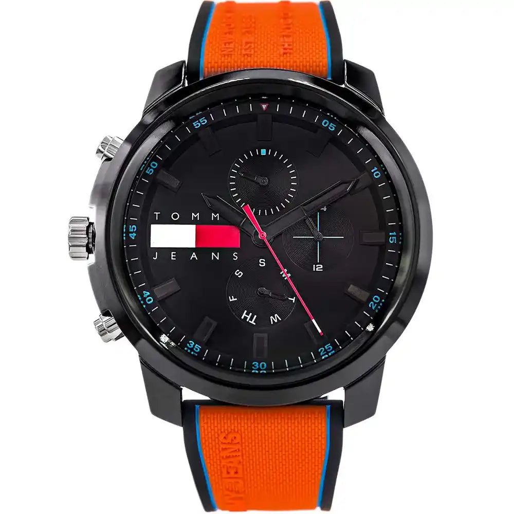 Tommy Hilfiger Black & Orange Silicone Multi-function Men's Watch - 1710583