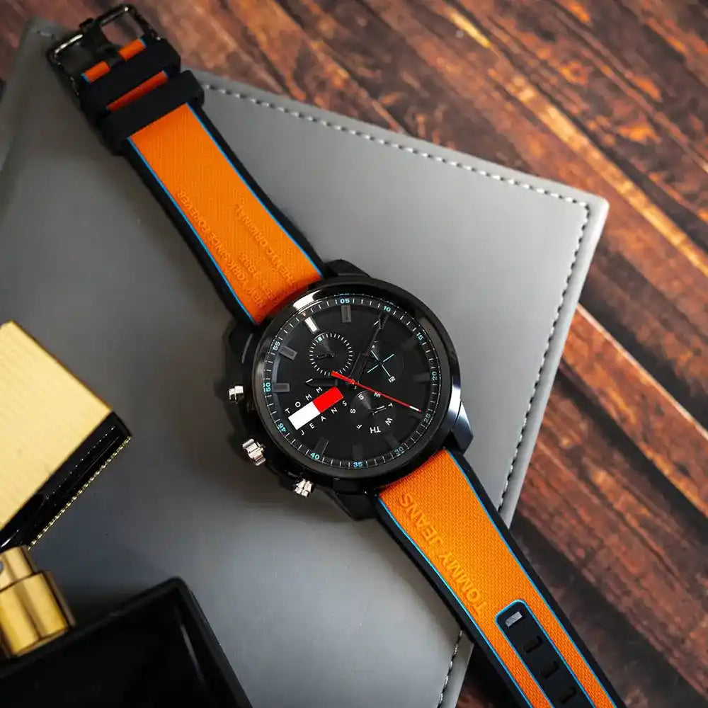 Tommy Hilfiger Black & Orange Silicone Multi-function Men's Watch - 1710583