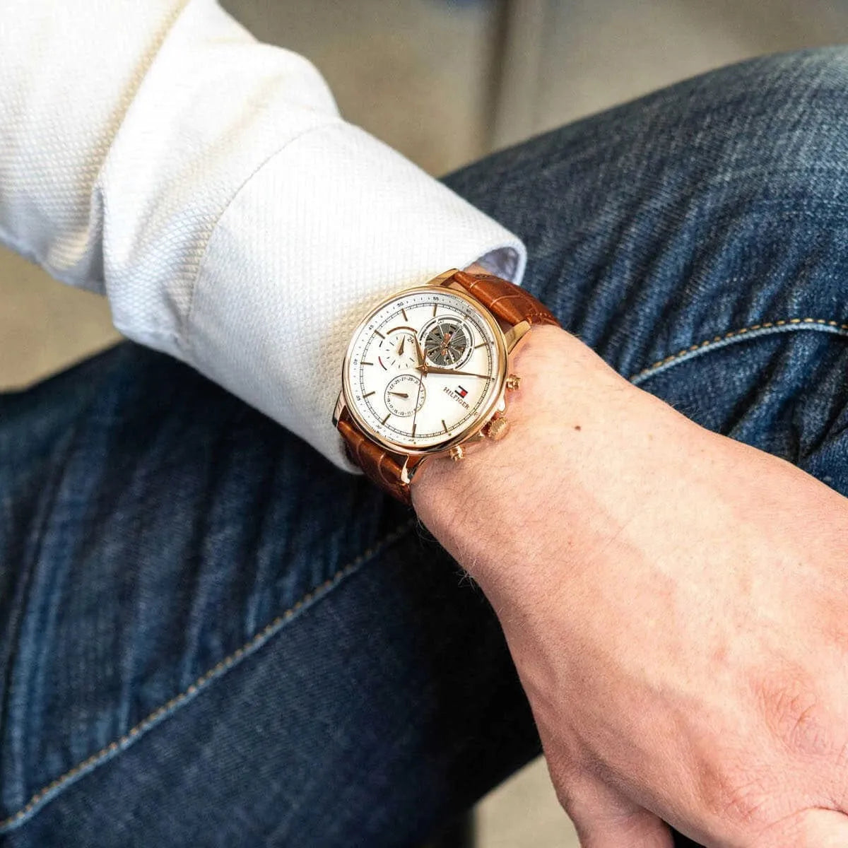 Men's Tommy Hilfiger Brown Leather White Dial Multi-function 44mm Watch - 1710606