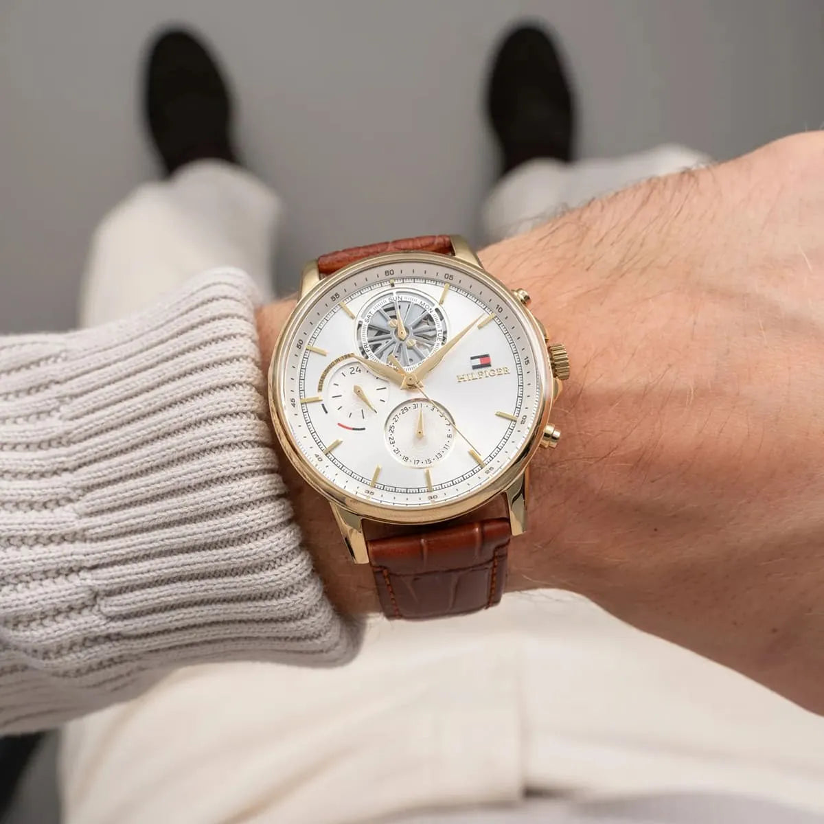 Men's Tommy Hilfiger Brown Leather White Dial Multi-function 44mm Watch - 1710606