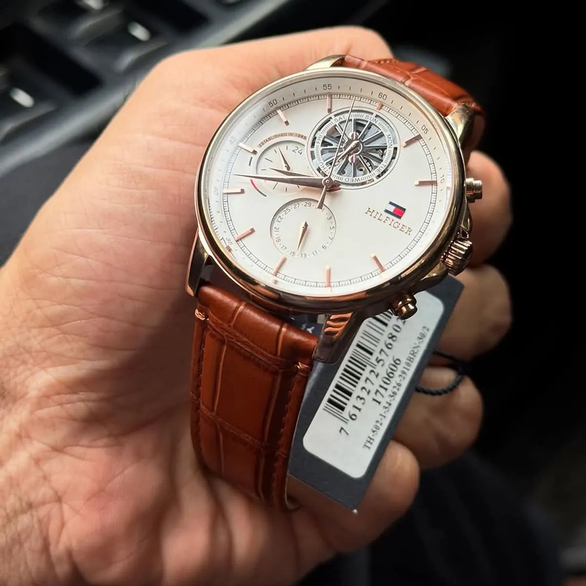 Men's Tommy Hilfiger Brown Leather White Dial Multi-function 44mm Watch - 1710606