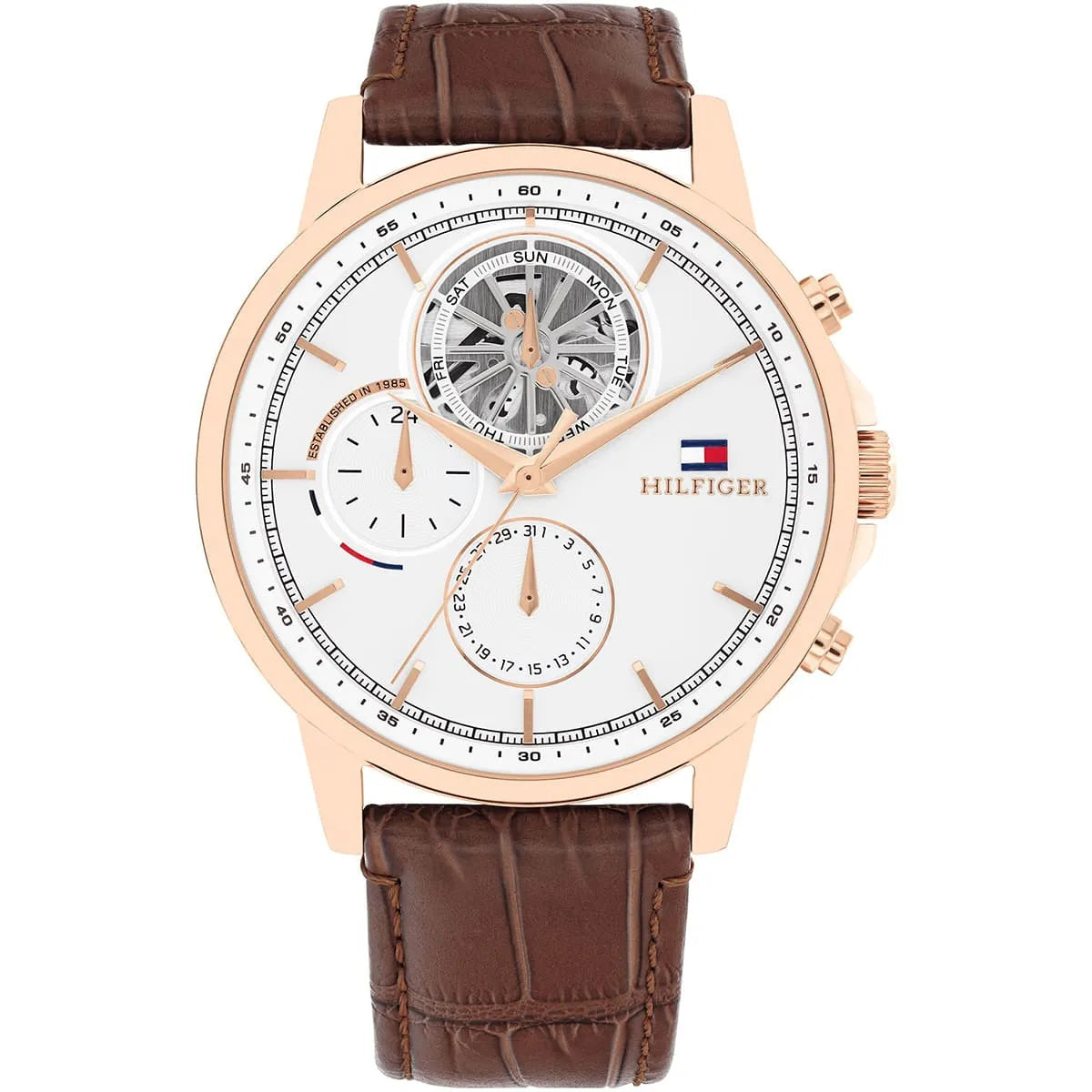 Men's Tommy Hilfiger Brown Leather White Dial Multi-function 44mm Watch - 1710606