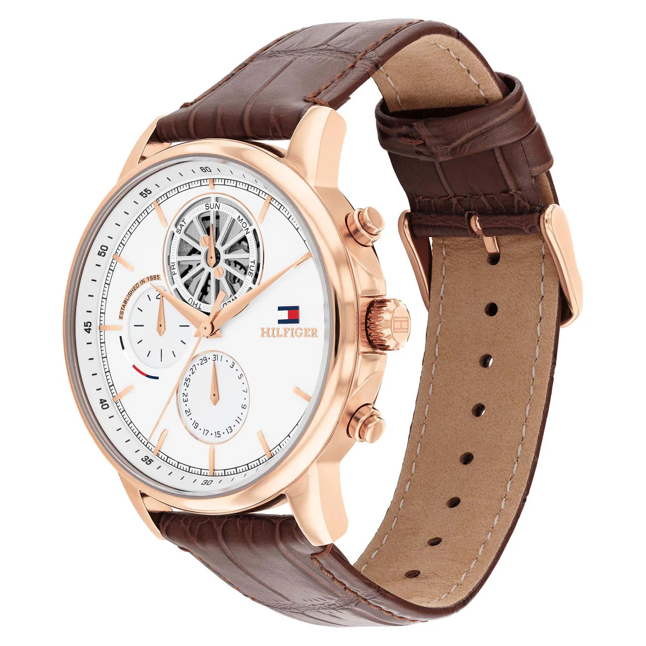 Men's Tommy Hilfiger Brown Leather White Dial Multi-function 44mm Watch - 1710606