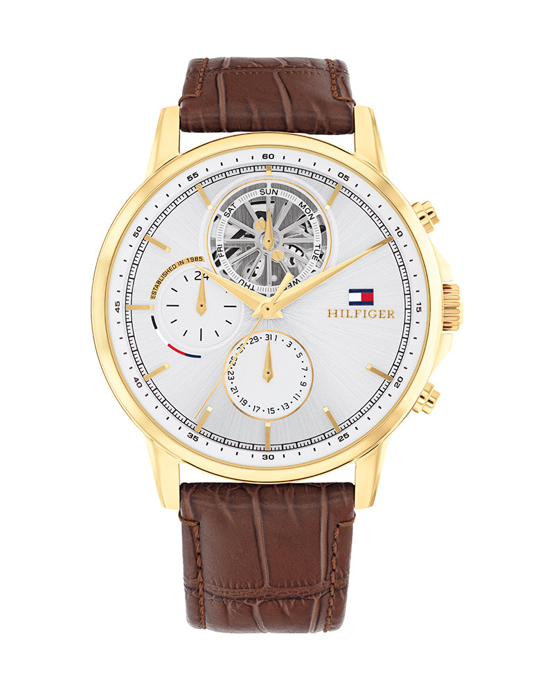 Men's Tommy Hilfiger Brown Leather Silver Dial Multi-function Watch - 1710631