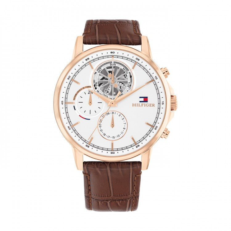 Men's Tommy Hilfiger Brown Leather White Dial Multi-function 44mm Watch - 1710606