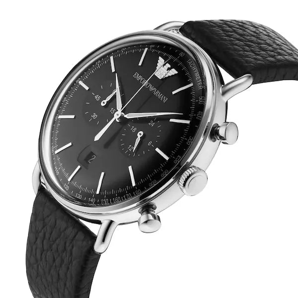 Men's Emporio Armani Aviator Black Leather Black Dial 43mm Watch - AR11143
