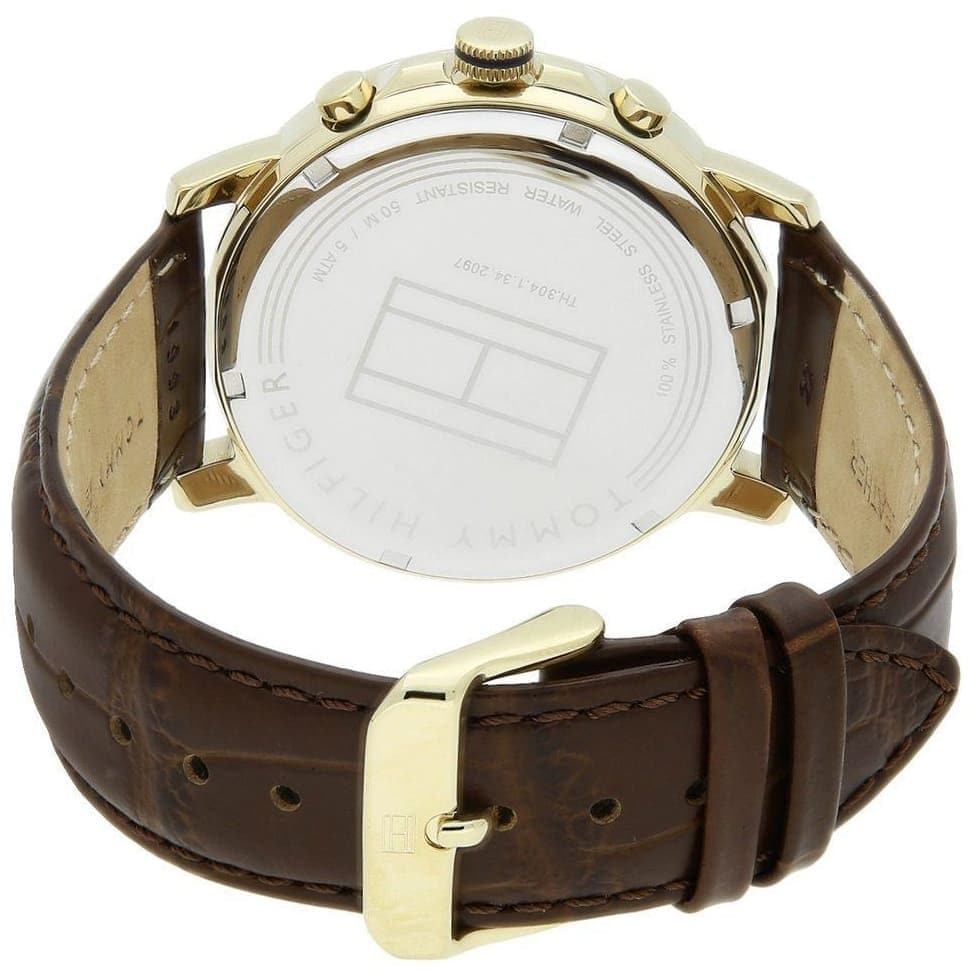 Men's Tommy Hilfiger Keagan Silver Dial Brown Leather Strap 44mm Watch - 1791291
