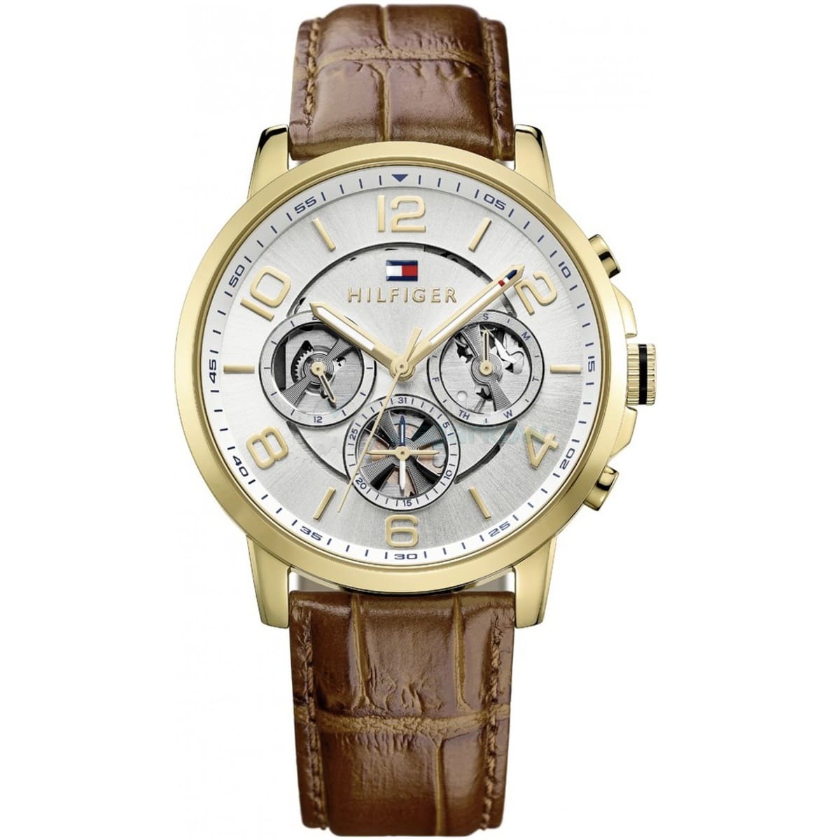 Men's Tommy Hilfiger Keagan Silver Dial Brown Leather Strap 44mm Watch - 1791291