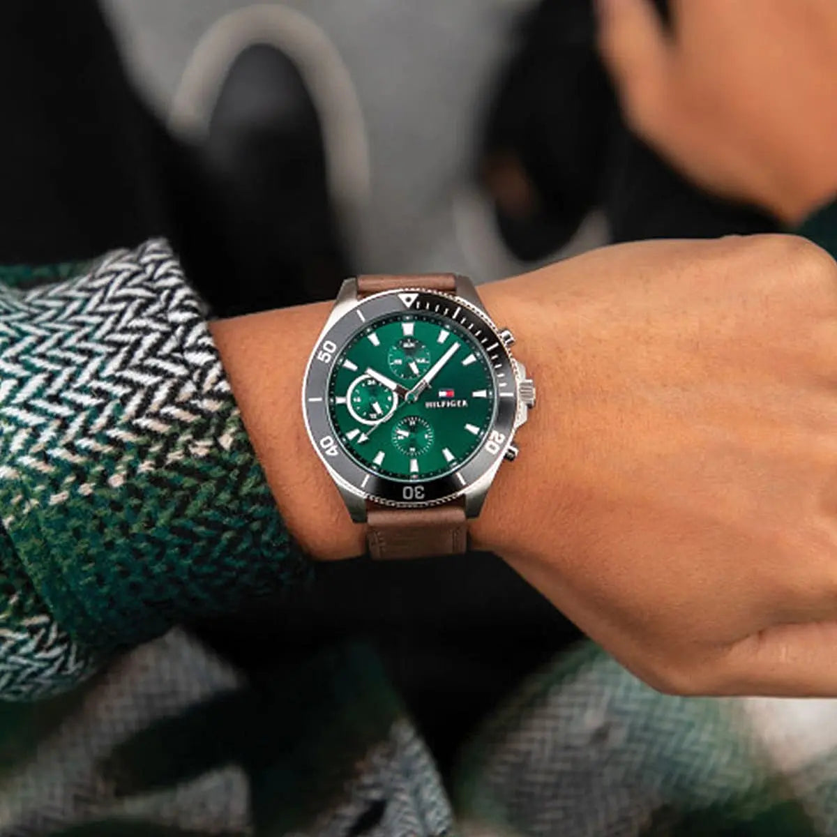 Tommy Hilfiger Brown Leather Green Dial Multi-function Men's Watch - 1791983