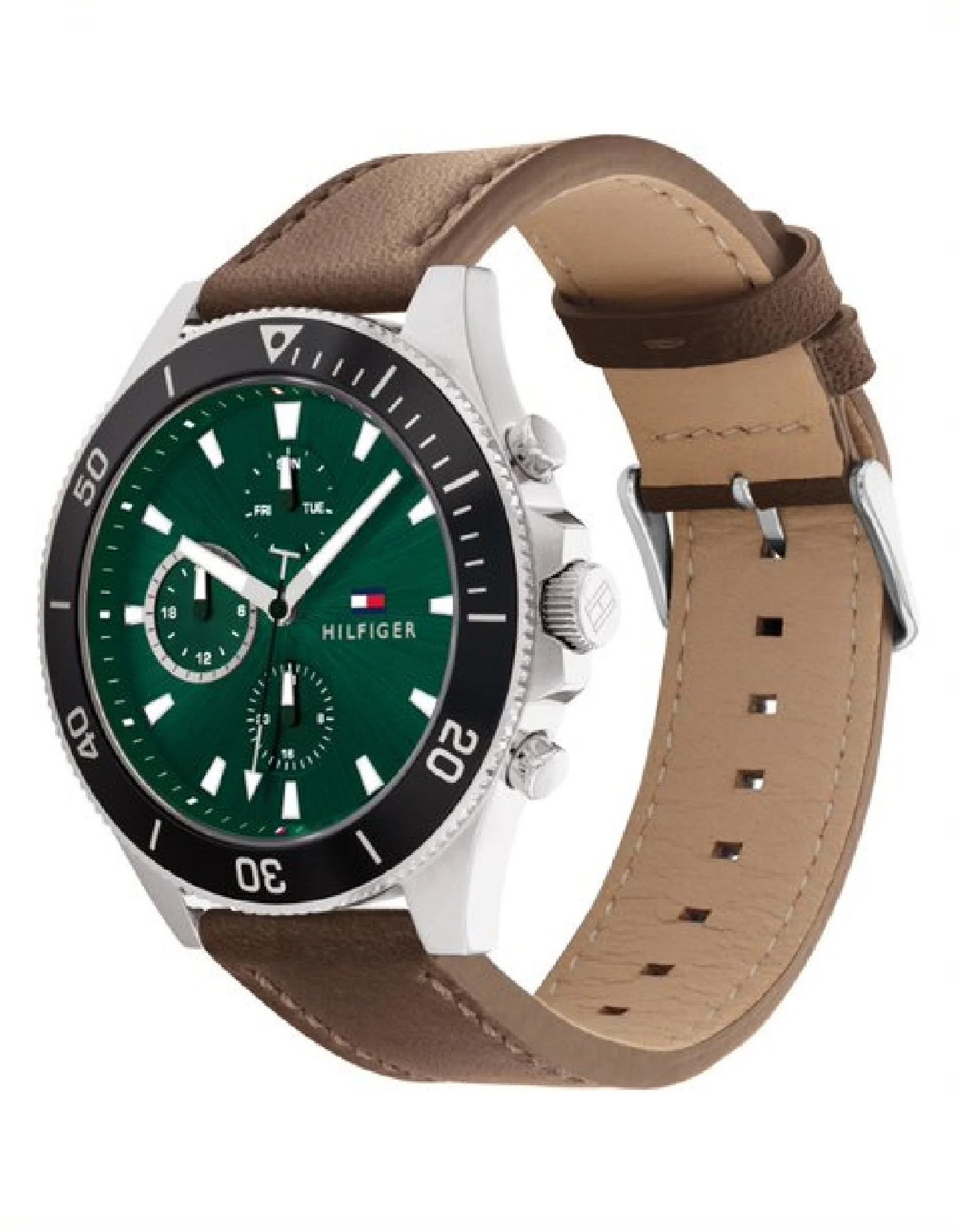 Tommy Hilfiger Brown Leather Green Dial Multi-function Men's Watch - 1791983