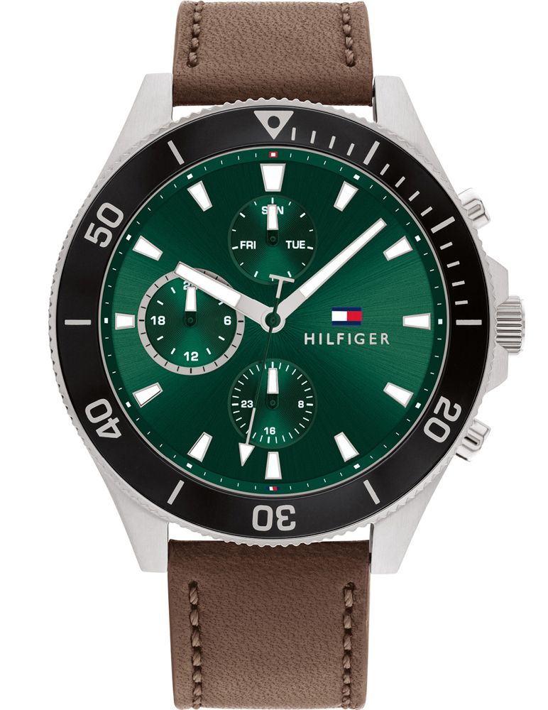 Tommy Hilfiger Brown Leather Green Dial Multi-function Men's Watch - 1791983