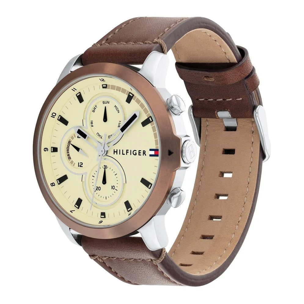 Tommy Hilfiger Men's Multifunction Stainless Steel Brown Leather Strap Men's Watch - 1792053