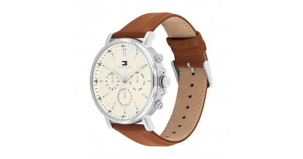 Tommy Hilfiger Brown Leather Parchment Dial Multi-function Men's Watch - 1792143