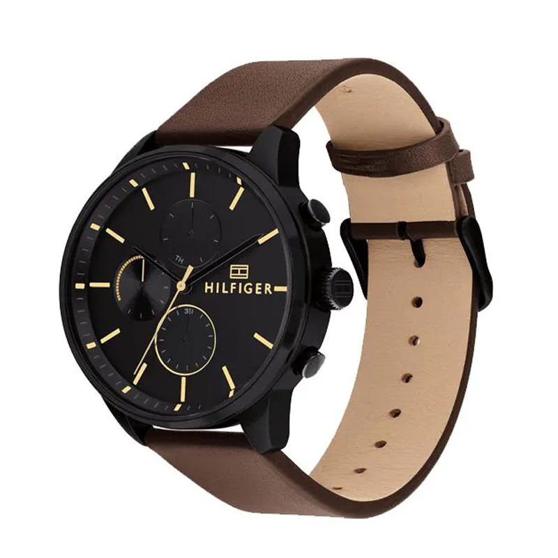 Tommy Hilfiger Brown Leather Strap Black Dial Men's Watch - 1791977
