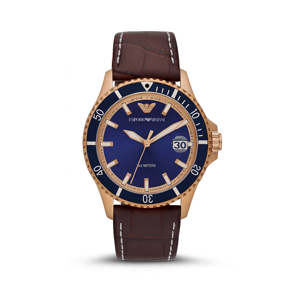 Men's Emporio Armani Diver Quartz Blue Dial Rose Gold Leather Watch 42mm - AR11556