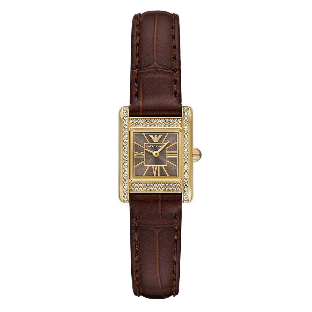 Women's Emporio Armani Gold-Tone Crystal Bezel Brown Dial Leather Watch 20mm - AR11705