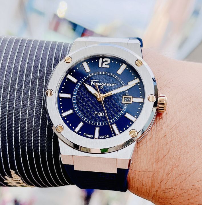 Men's Salvatore Ferragamo F-80 Blue Dial Blue Rubber Strap Watch - SFHY01122
