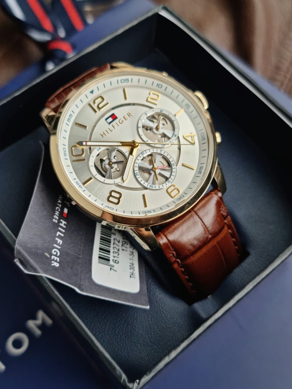 Men's Tommy Hilfiger Keagan Silver Dial Brown Leather Strap 44mm Watch - 1791291