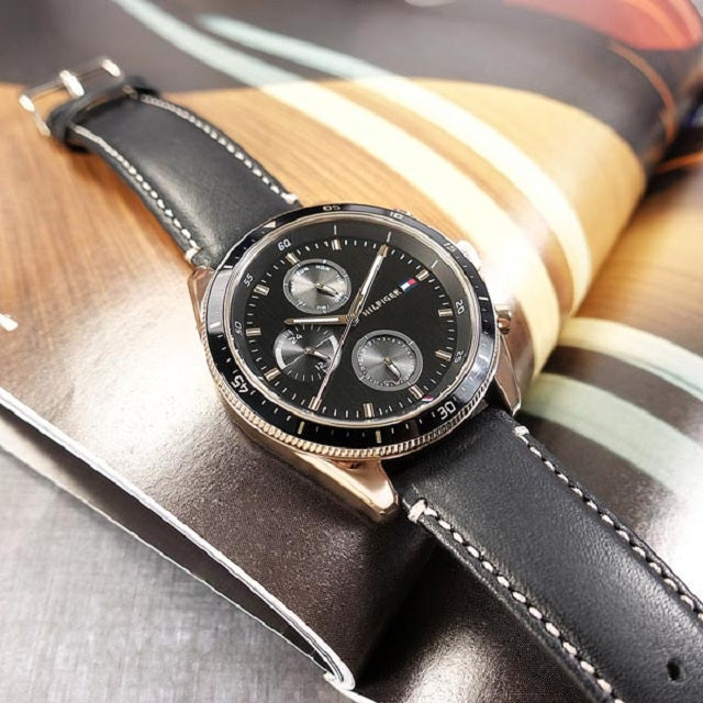 Tommy Hilfiger Black Leather Multi-function Men's Watch - 1791836