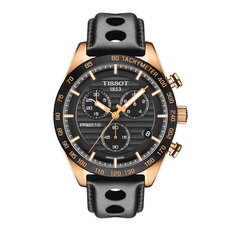 Men's Tissot PRS 516 Swiss Quartz Chronograph Rose Gold PVD Black Leather Watch 42mm - T100.417.36.051.00