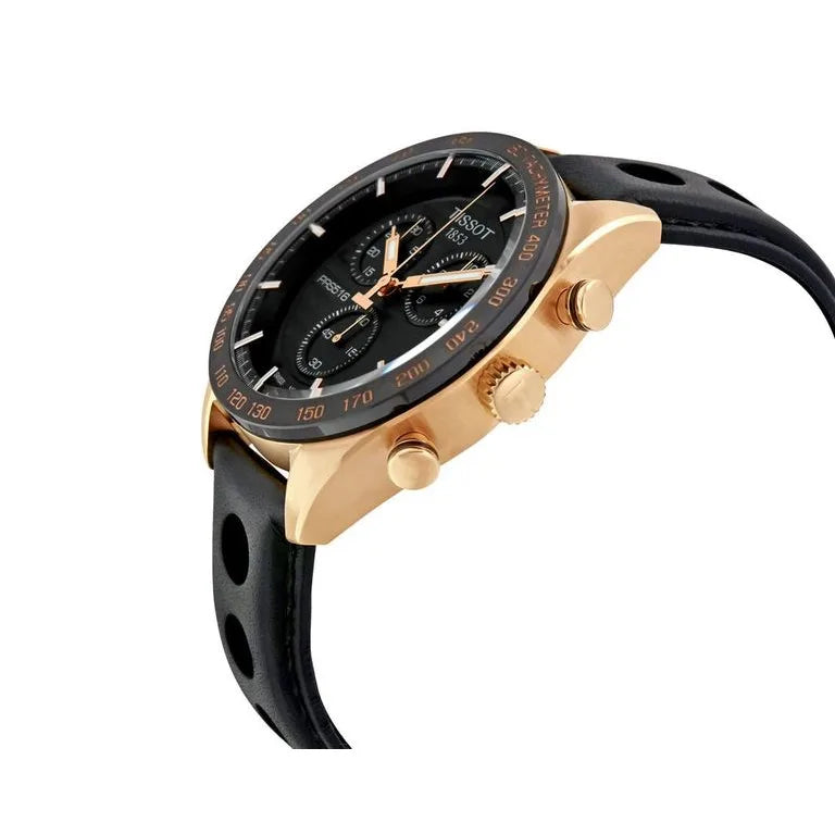 Men's Tissot PRS 516 Swiss Quartz Chronograph Rose Gold PVD Black Leather Watch 42mm - T100.417.36.051.00