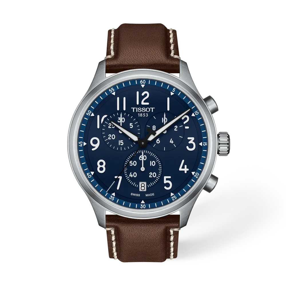 Men's Tissot Chrono XL Vintage Swiss Quartz Blue Dial Brown Leather Watch 45mm - T116.617.16.042.00