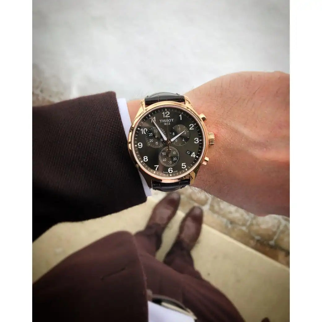 Men's Tissot Chrono XL Classic Swiss Quartz Black Dial Rose Gold PVD Leather Watch 45mm - T116.617.36.057.01