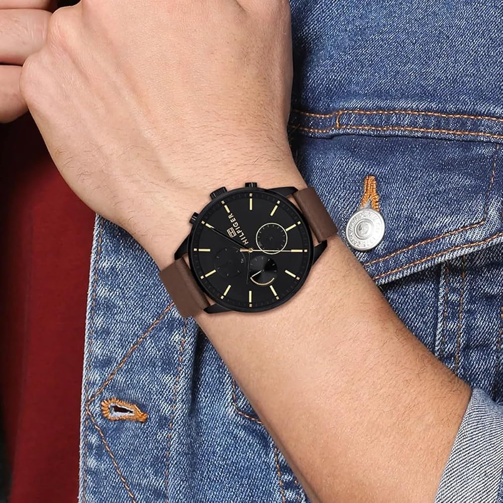 Tommy Hilfiger Brown Leather Strap Black Dial Men's Watch - 1791977