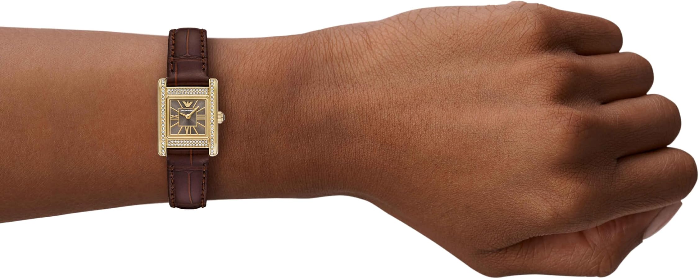 Women's Emporio Armani Gold-Tone Crystal Bezel Brown Dial Leather Watch 20mm - AR11705