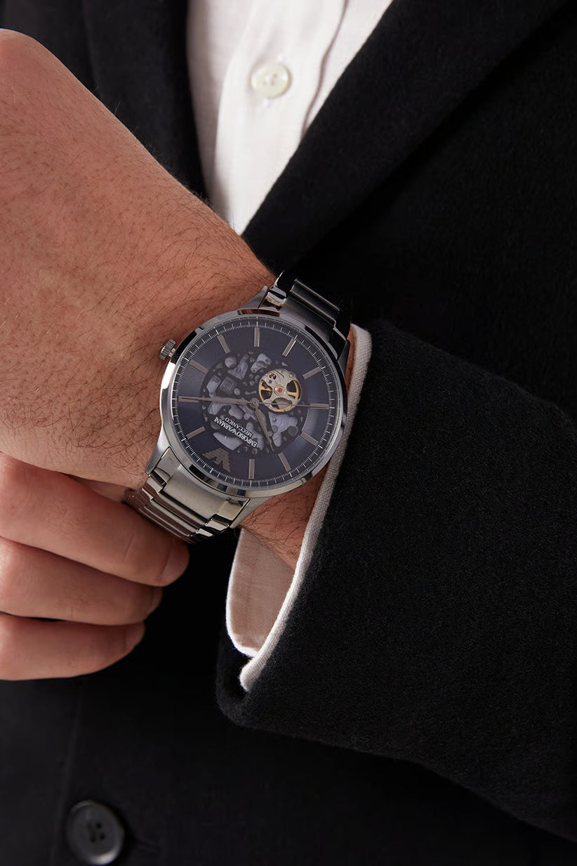 Men's Emporio Armani Renato Meccanico Open-Heart Automatic Blue Dial Watch 43mm - AR60056