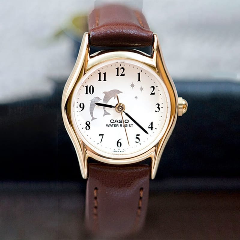 Women's Casio Dress Analogue Gold Tone Brown Leather Strap Dog Dial 23mm - LTP-1094Q-7B9RJH