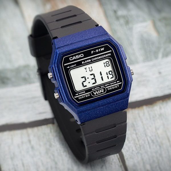 Men's Casio Classic Digital Blue Case Black Resin Strap 33mm - F-91WM-2AJH