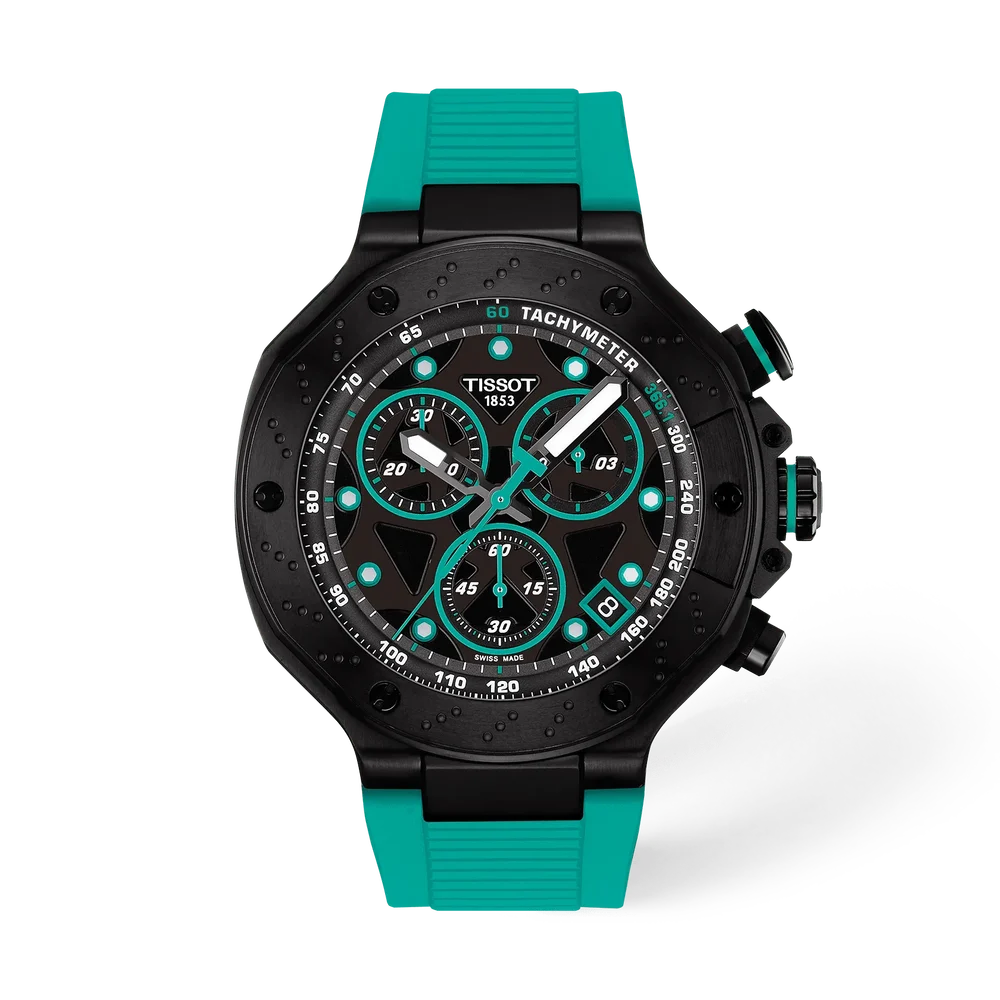 Men's Tissot T-Race Quartz Chronograph Black Dial Green Silicone Strap 45mm - T141.417.37.051.01