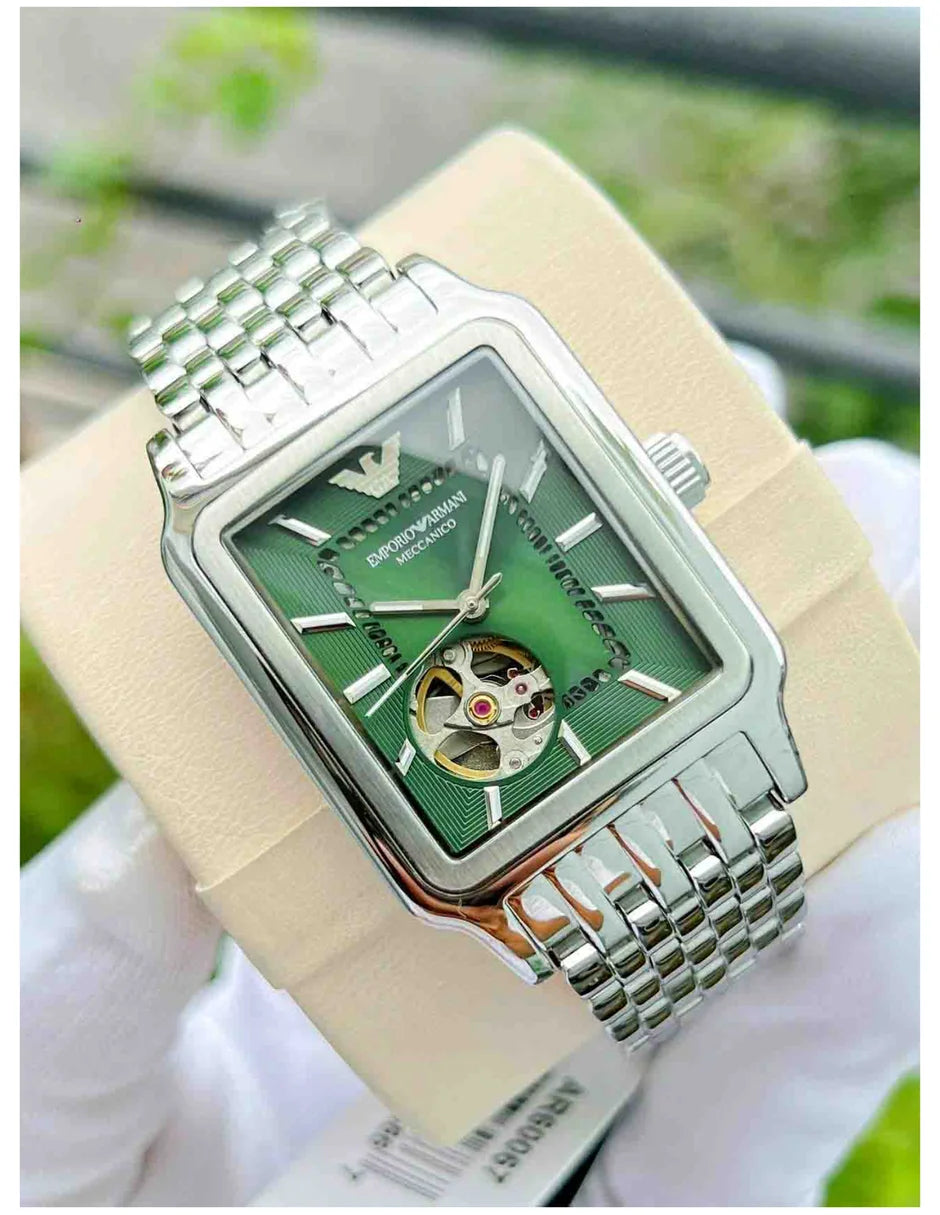 Men's Emporio Armani Meccanico Automatic Open-Heart Green Stainless Steel Watch 36mm - AR60067