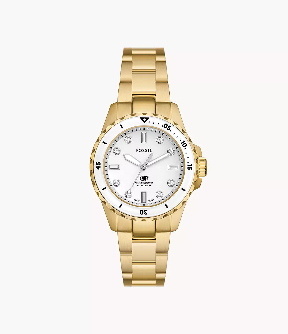 Women's Fossil Blue Dive Three-Hand Gold-Tone Stainless Steel Watch