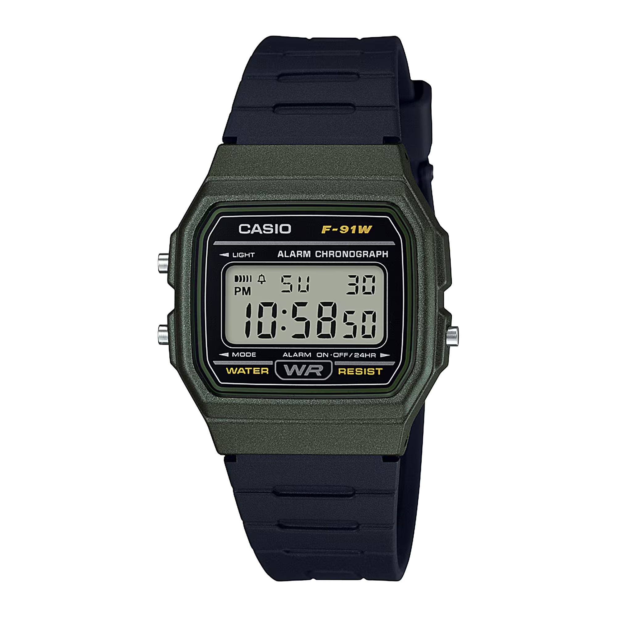 Men's Casio Classic Digital Olive Green Case Black Resin Strap 33mm - F-91WM-3AJH