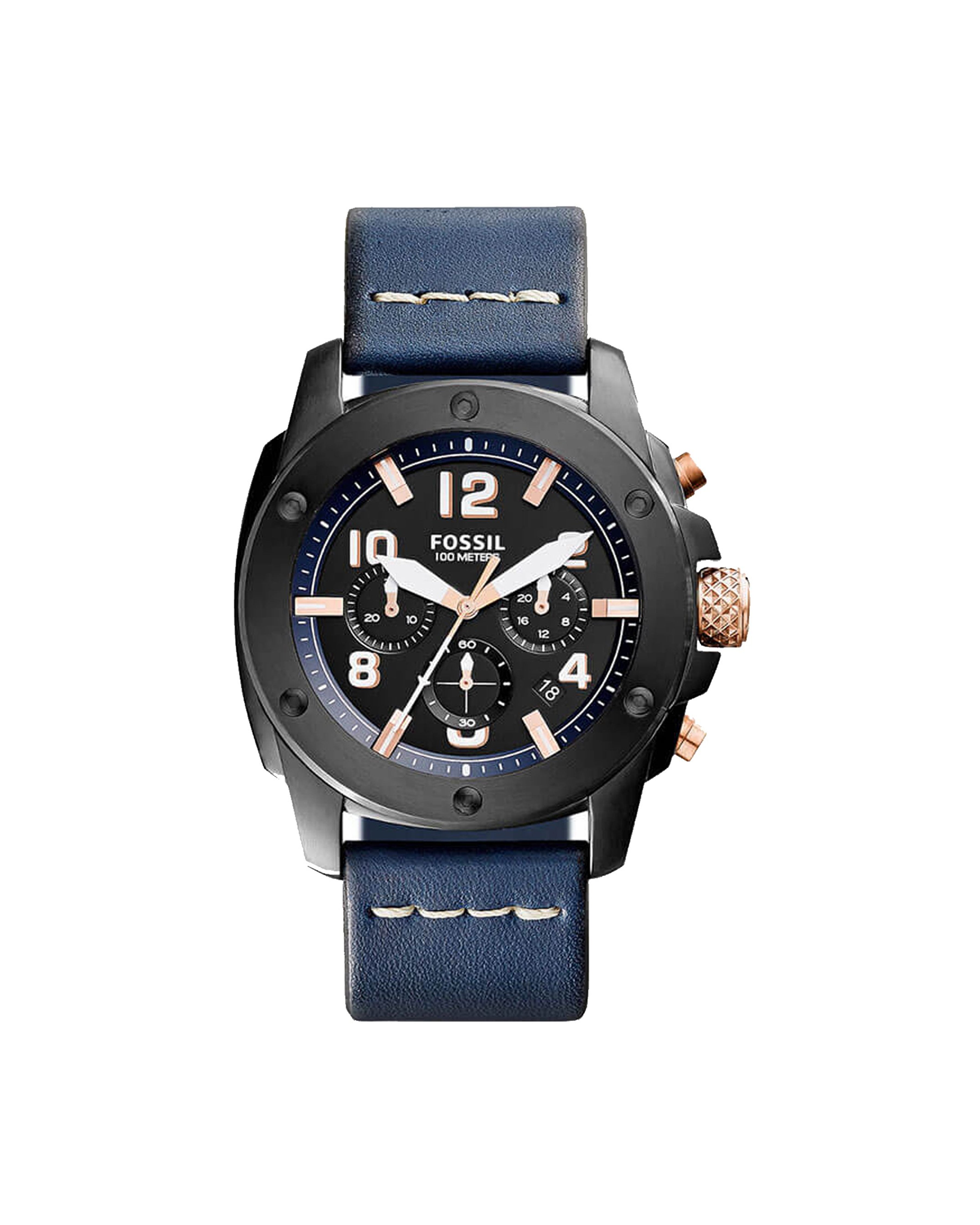 Fossil Men's Black Dial Blue Leather Strap Watch- FS5066