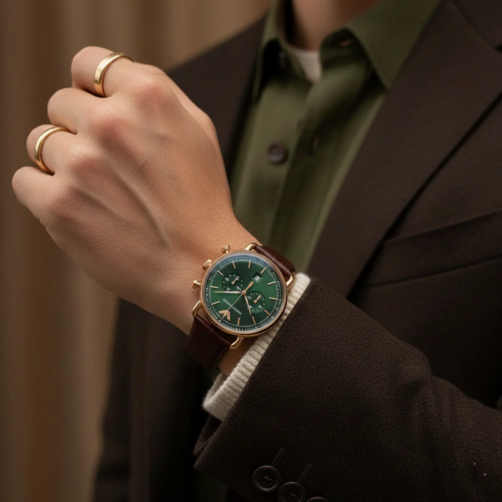 Men's Emporio Armani Mario Quartz Chronograph Green Dial Brown Leather Watch 43mm - AR11334